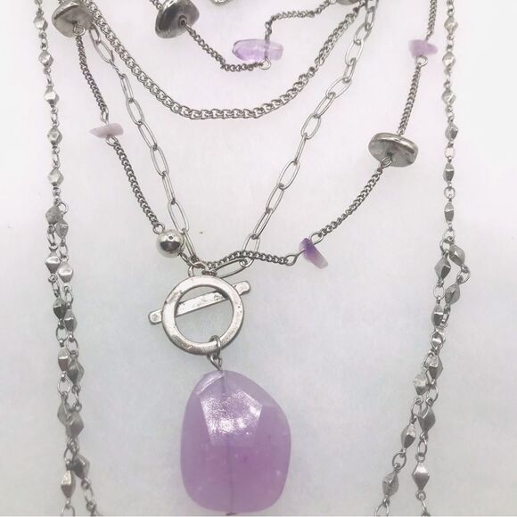 Silver and Purple Choker Layered Necklace - Picture 3 of 7